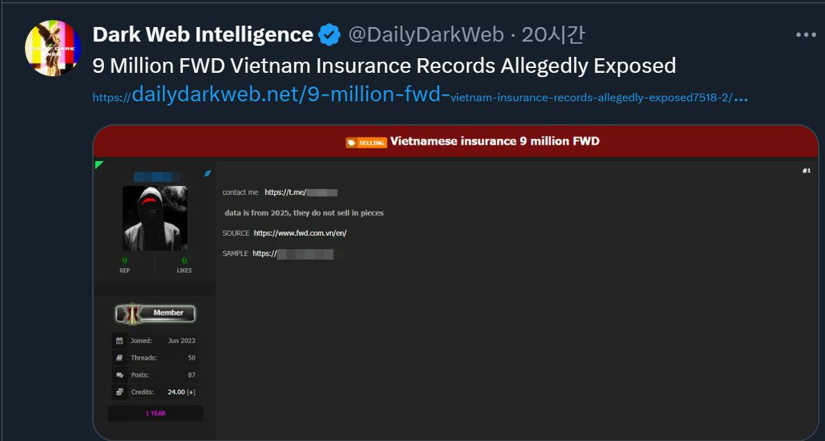 9 Million FWD Vietnam Insurance Records Allegedly Exposed

https://x.com/DailyDarkWeb/status/1928054844809441601/photo/1