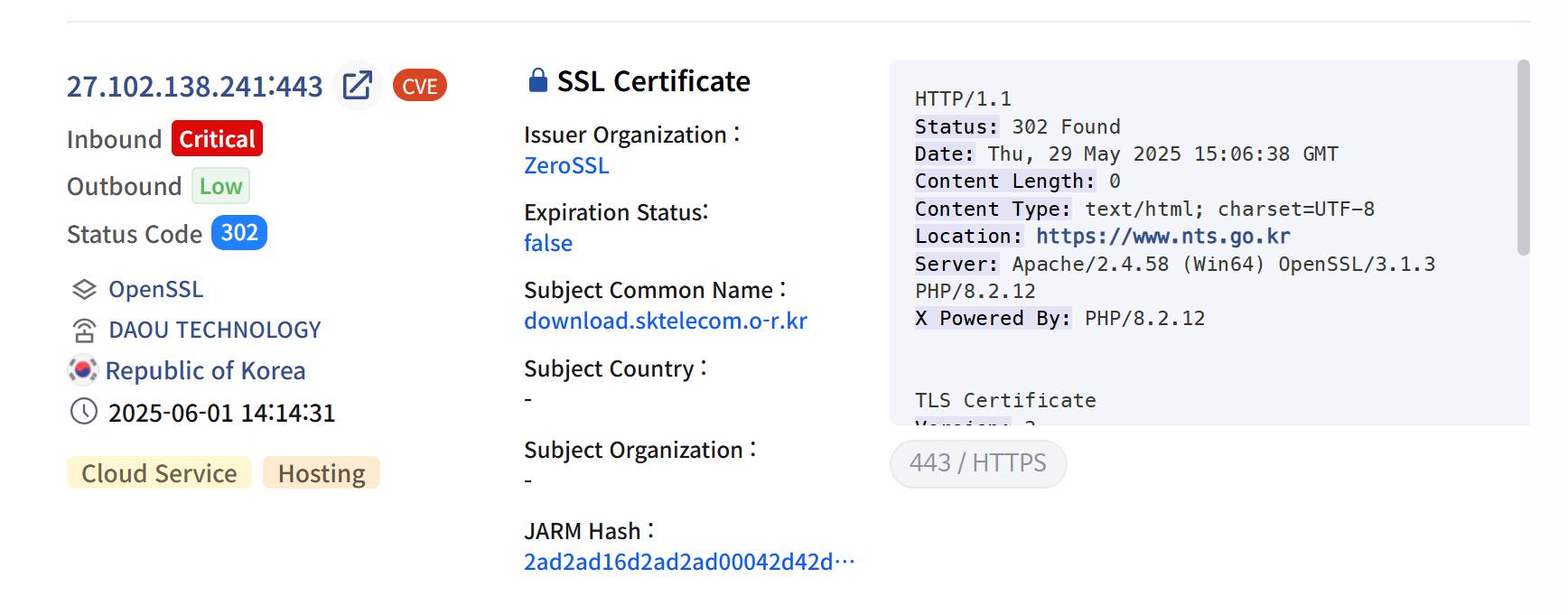 DPRK #Kimsuky Phishing IOC (Fake SK Telecom site)

CN=download.sktelecom.o-r.kr
CN=*.nid-account.space,
