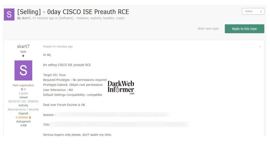 Alleged sale of Cisco ISE Pre-auth Remote Code Execution (0day) Exploit

Cc @DarkWebInformer