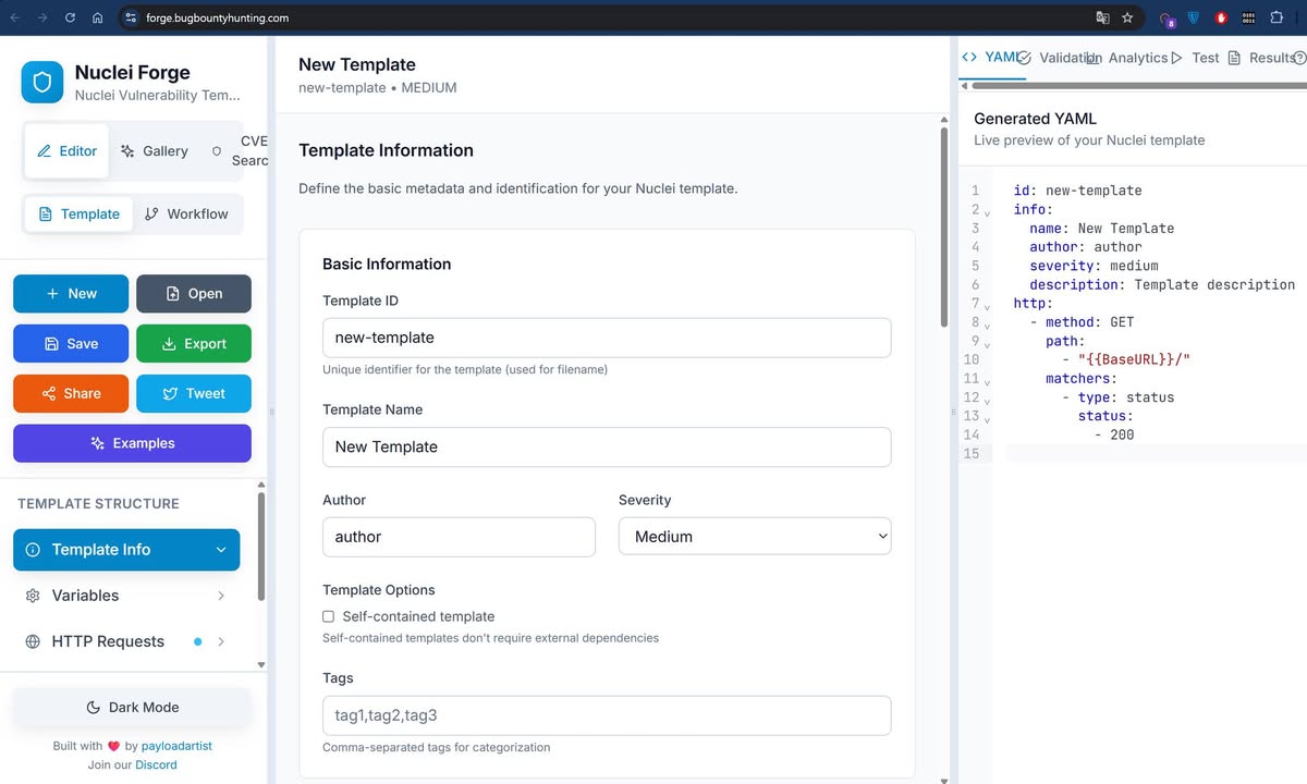 𝗡𝘂𝗰𝗹𝗲𝗶 𝗙𝗼𝗿𝗴𝗲 - a tool that helps you visually create Nuclei YAML templates

https://forge.bugbountyhunting.com/
