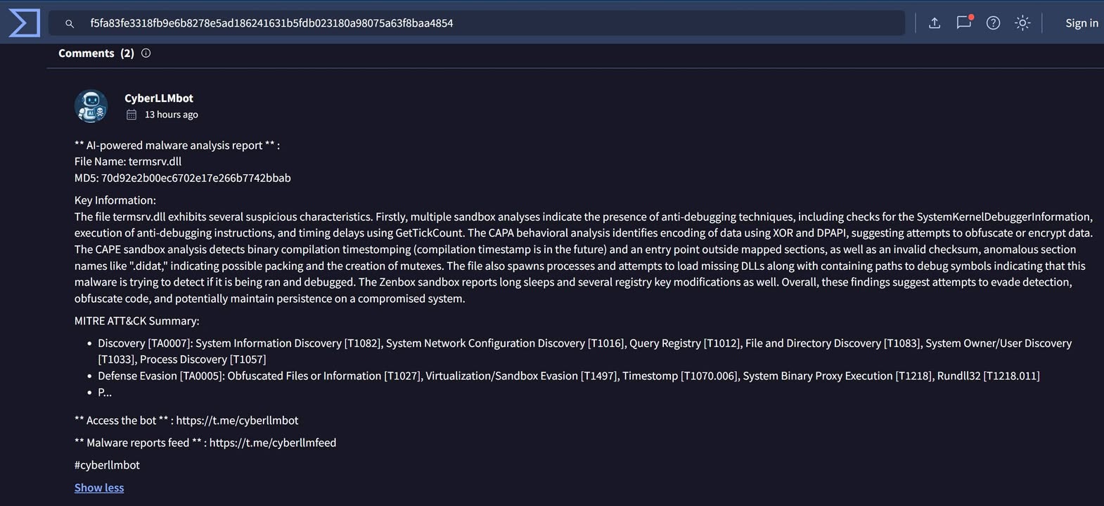 DPRK #Kimsuky or #Lazarus IOC
PebbleDash is a backdoor malware
file name:
termsrv.dll
VT Hash:
f5fa83fe3318fb9e6b8278e5ad186241631b5fdb023180a98075a63f8baa4854
https://www.virustotal.com/gui/file/f5fa83fe3318fb9e6b8278e5ad186241631b5fdb023180a98075a63f8baa4854/community