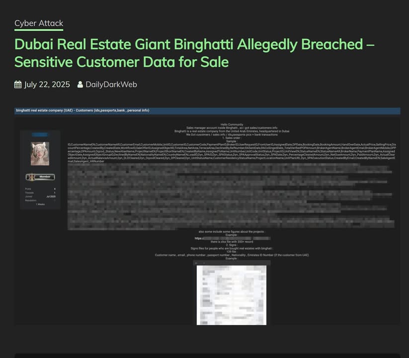 A Dubai-based real estate firm, Binghatti, faces a data breach with over 350 customer records and confidential documents sold on a hacking forum. Personal, financial, and property info could be exploited for fraud or scams.
