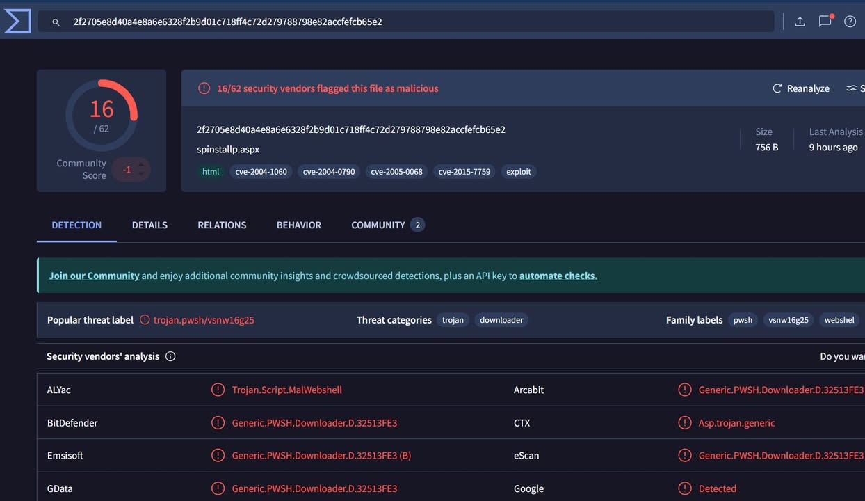#SharePoint WebShell (CVE-2025-53770, also known as “ToolShell”) 

File name:
spinstallp.aspx

VT Hash:
2f2705e8d40a4e8a6e6328f2b9d01c718ff4c72d279788798e82accfefcb65e2

Cc @cyb3rops