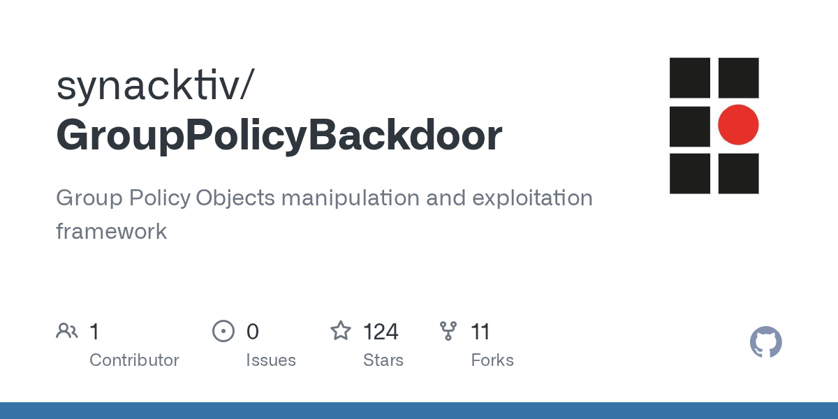 GroupPolicyBackdoor

GroupPolicyBackdoor is a python utility for Group Policy Objects (GPOs) in in Active Directory manipulation and exploitation.